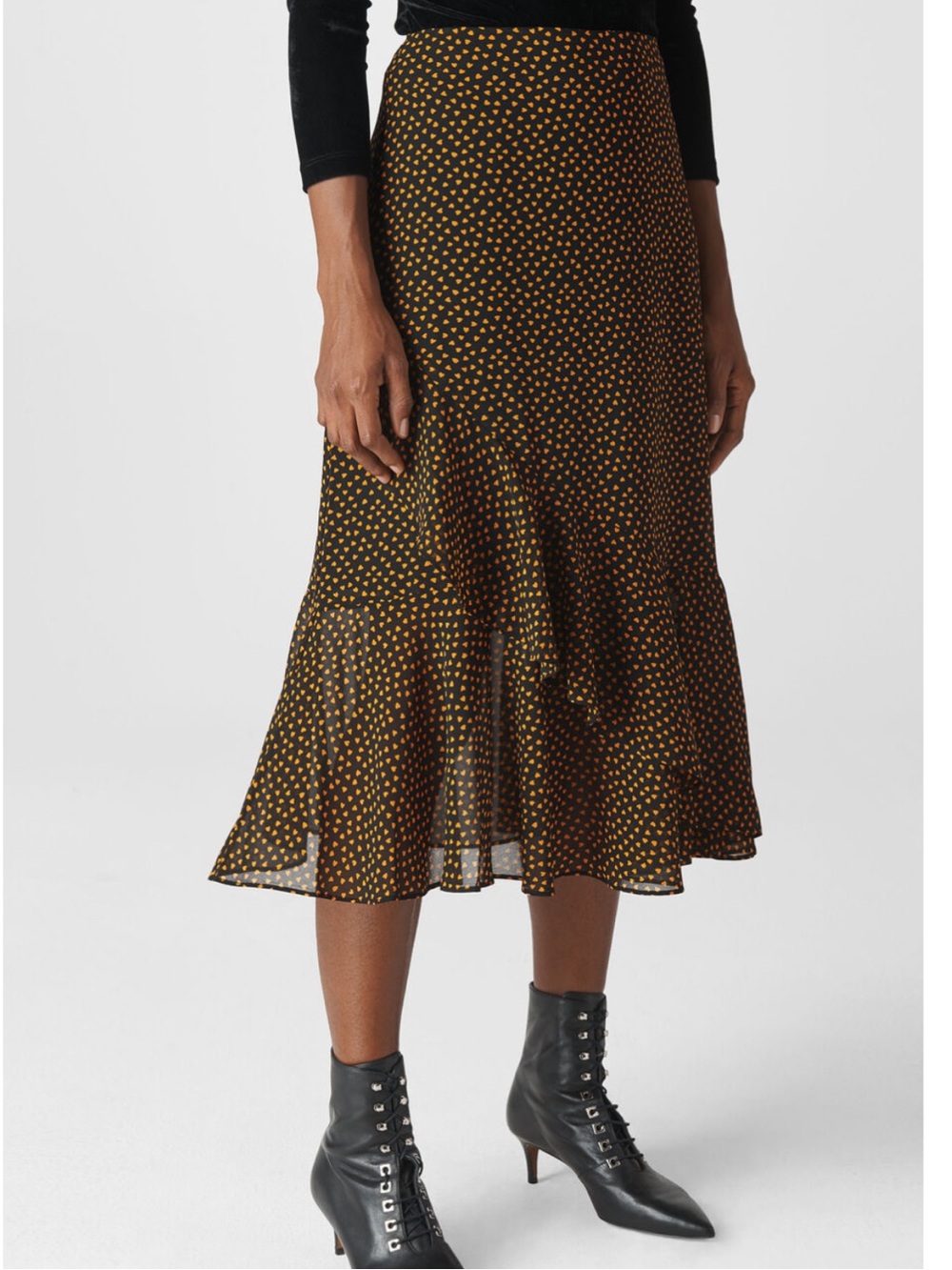 Whistles Midi Skirt Black Yellow confetti hearts ruffled assymetrical hem 12